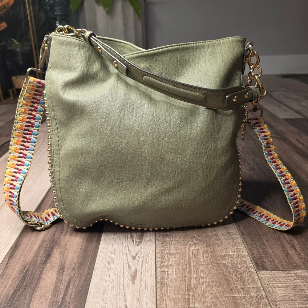 Jessica Simpson Olive Green Studded Hobo Bag Woven Guitar Strap Leopard Lining
